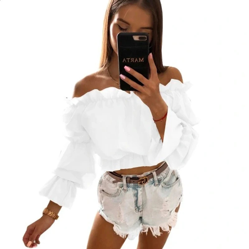 Womens shoulder flash long sleeved crop autumn spring 2024 sexy chiffon wool cut shirt Tshirt street clothing Y2K 250407