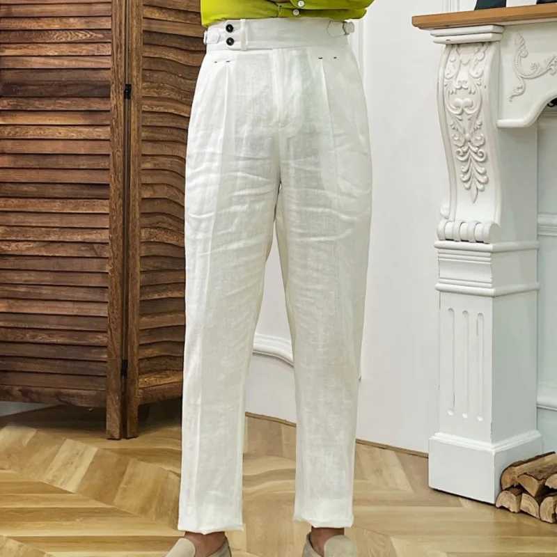 Linen straight leg pants Naples high waisted suit retro casual pants UK high waisted pants office pants mens pantsXJ250412