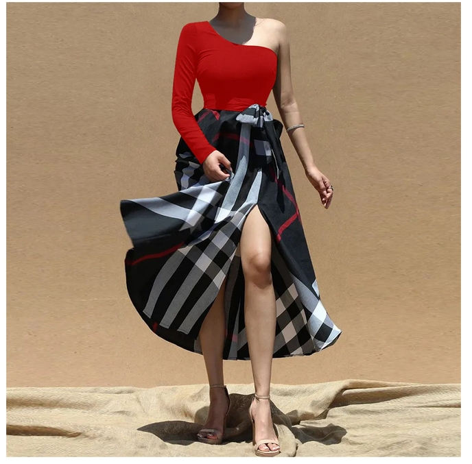 Designer Spring and Autumn women's single shoulder dress plus size printed long sleeved short skirt vest casual shirt clothing