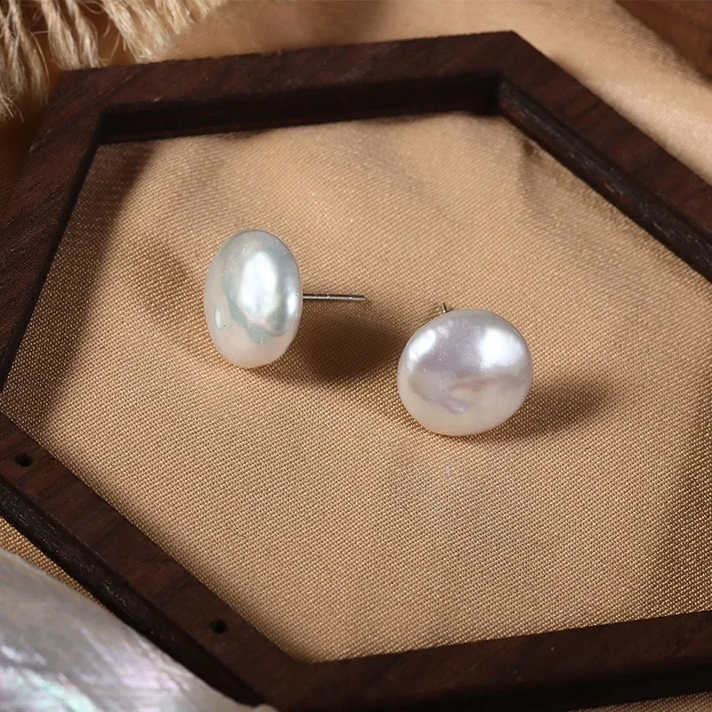 YWYC 11-12mm Big Block Button Freshwater Pearl Stud Earrings 925 Pure Silver Womens Jewelry Gift Wholesale 250409