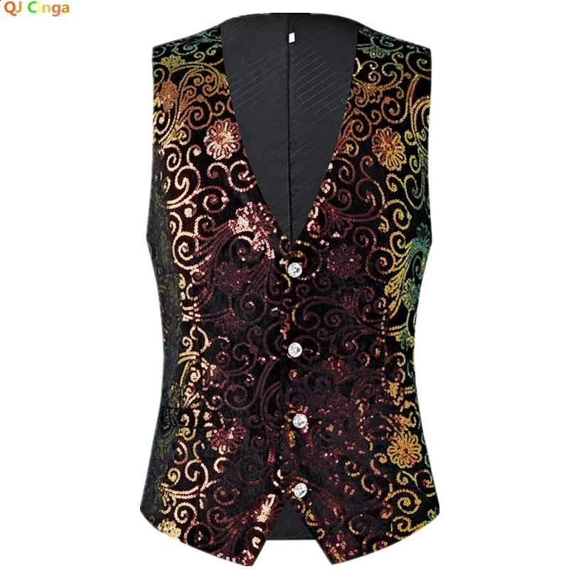 Gold Mens Suit Vest Single-breasted V-neck Vests Shiny Sequins Decorated Waistcoat Suitable for Host/Singer/Stage/Party 250407