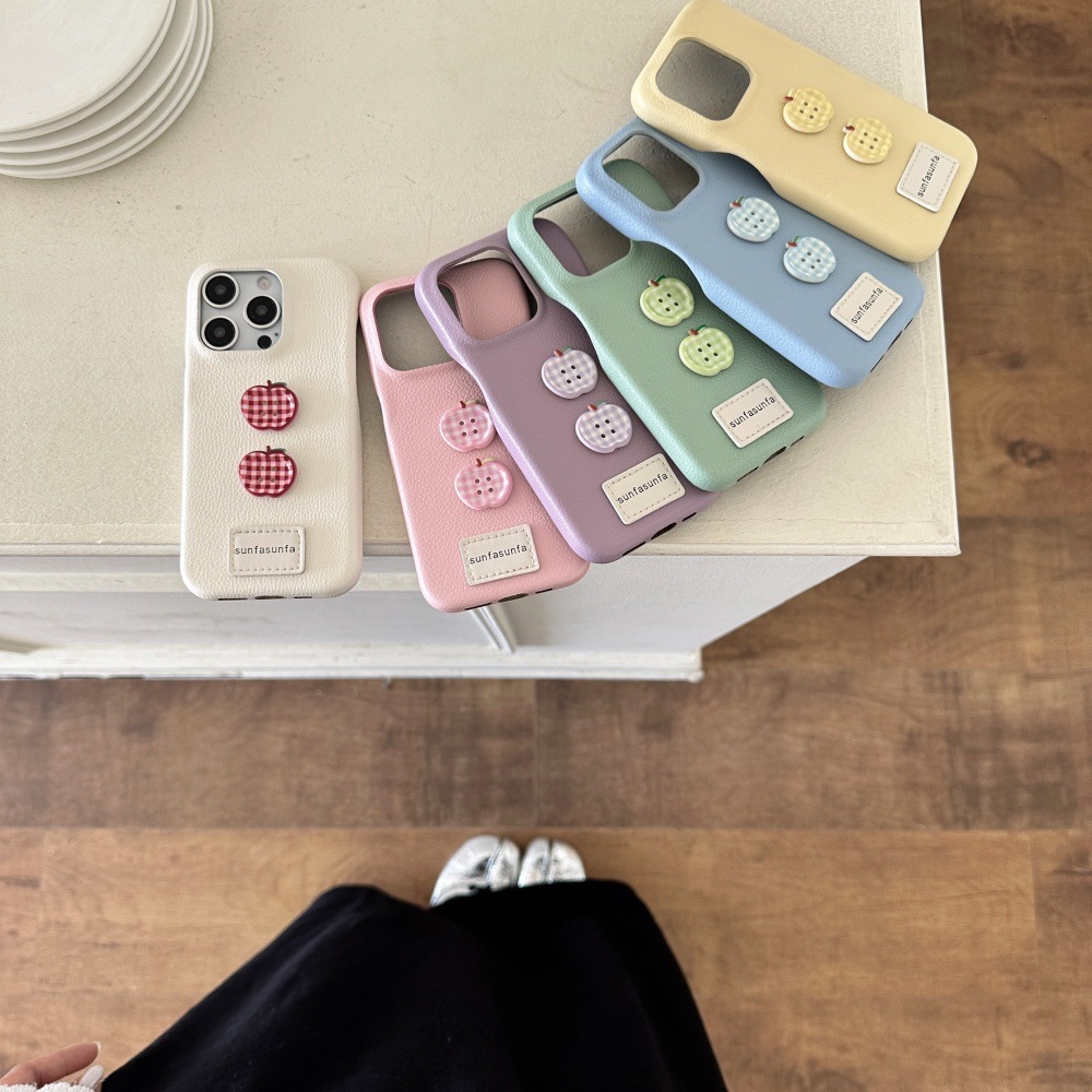 Leather Apple Button Phone Case Compatible with iPhone 16 Pro Minimalist Solid Color Shockproof iPhone 15/14/13 Cartoon Protection