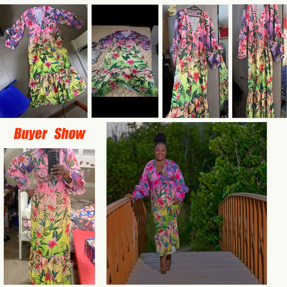 2025 Summer New Printed Gradient Color Ruffled V-neck Sexy and Slim Dress