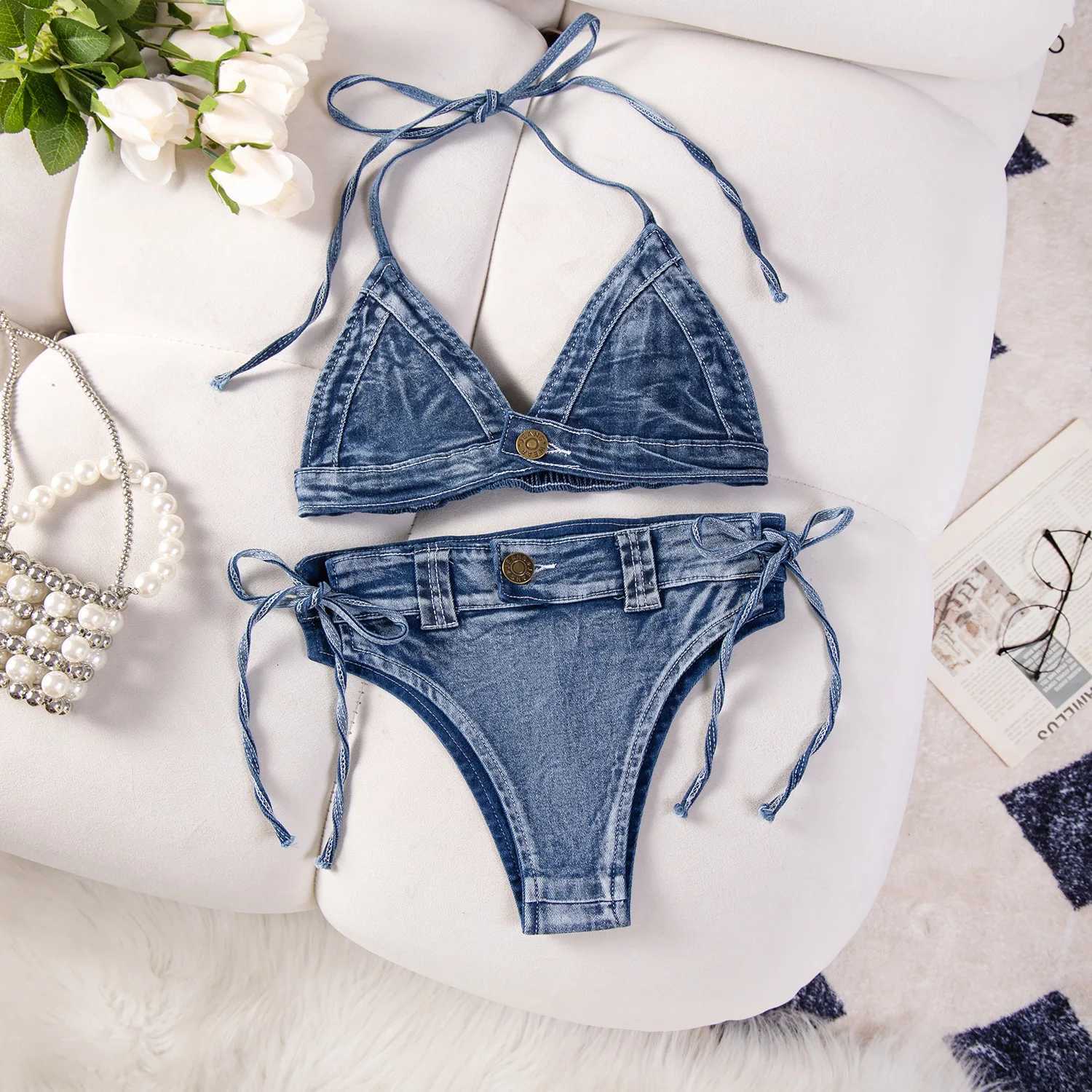 New Sexy Womens Denim Bikini Set Beach Split Swimsuit with Jeans Shorts and Bra for Beach Play and Bar Nightclub PerformanceW251113