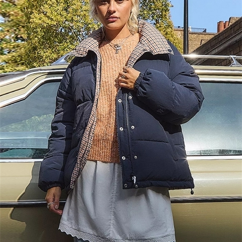 Cute Womens Plaid Padded Jacket Lapel Cotton Coat Winter Warm Oversized Full Sleeve Checked Outerwear 2025 High Street Outfit 251112