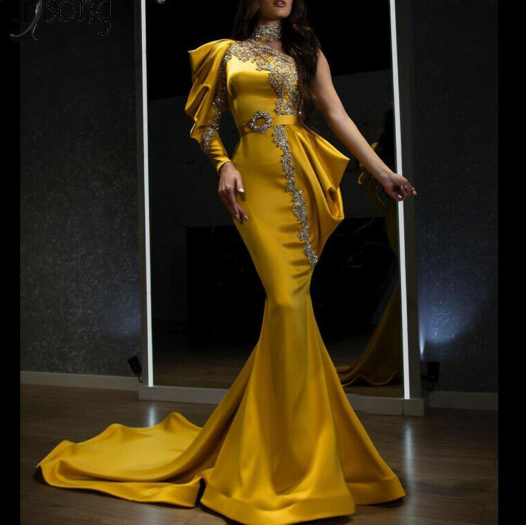 2025 New Evening Dress Womens Gold Plated High Neck Dress Banquet Dress