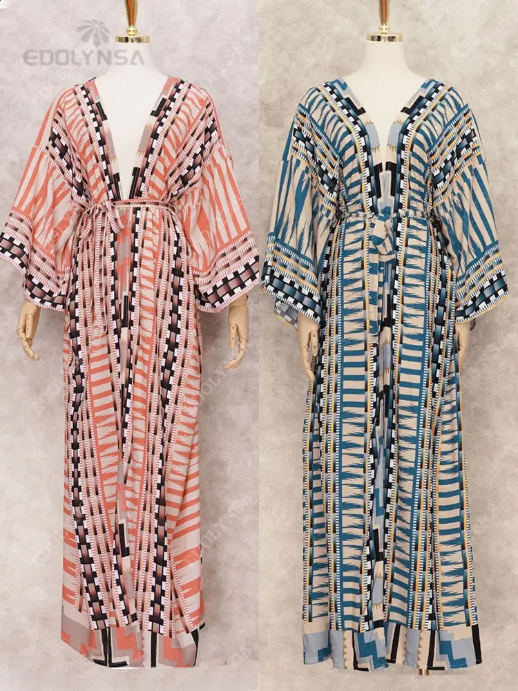 Bohemian Printed Bikini Cover-ups Elegant Self Belted Kimono Dress Tunic Women Plus Size Beach Wear Swim Suit Cover Up Q1228 250409