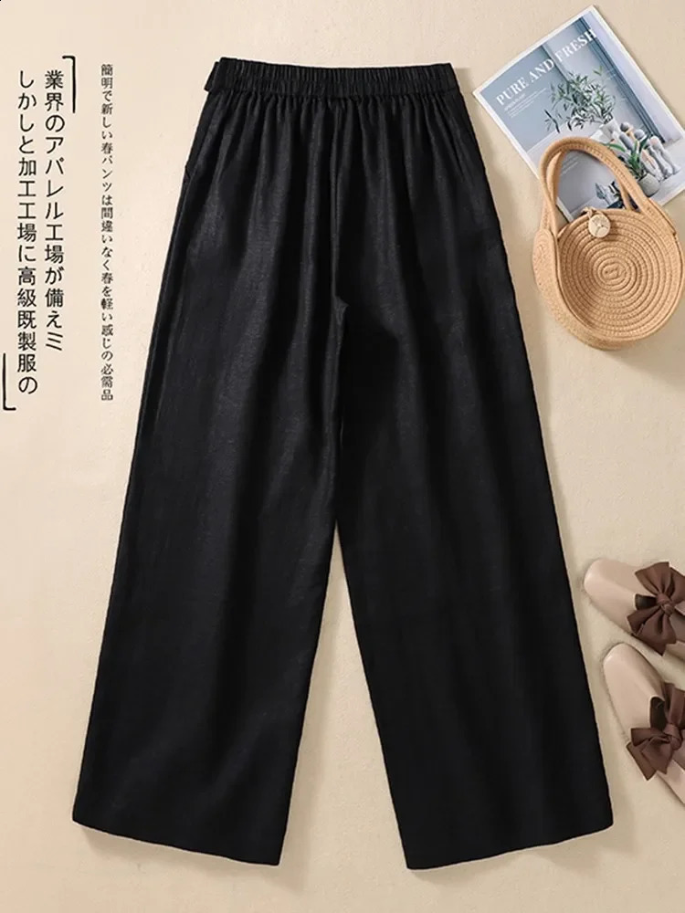 Womens casual wide leg pants summer retro style solid color straight loose womens cotton linen pants 250411