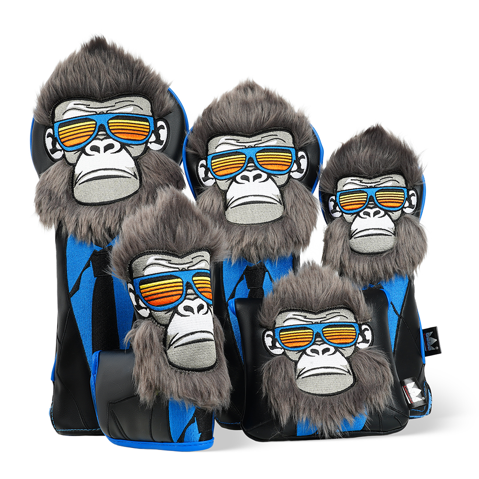 Golf Headcover Set Black Suit Sunglasses Monkey Driver Fairway Hybrid Head Cover Square Mallet Blade Putter Wood Cover Club Golf Head Cover Driver Cov