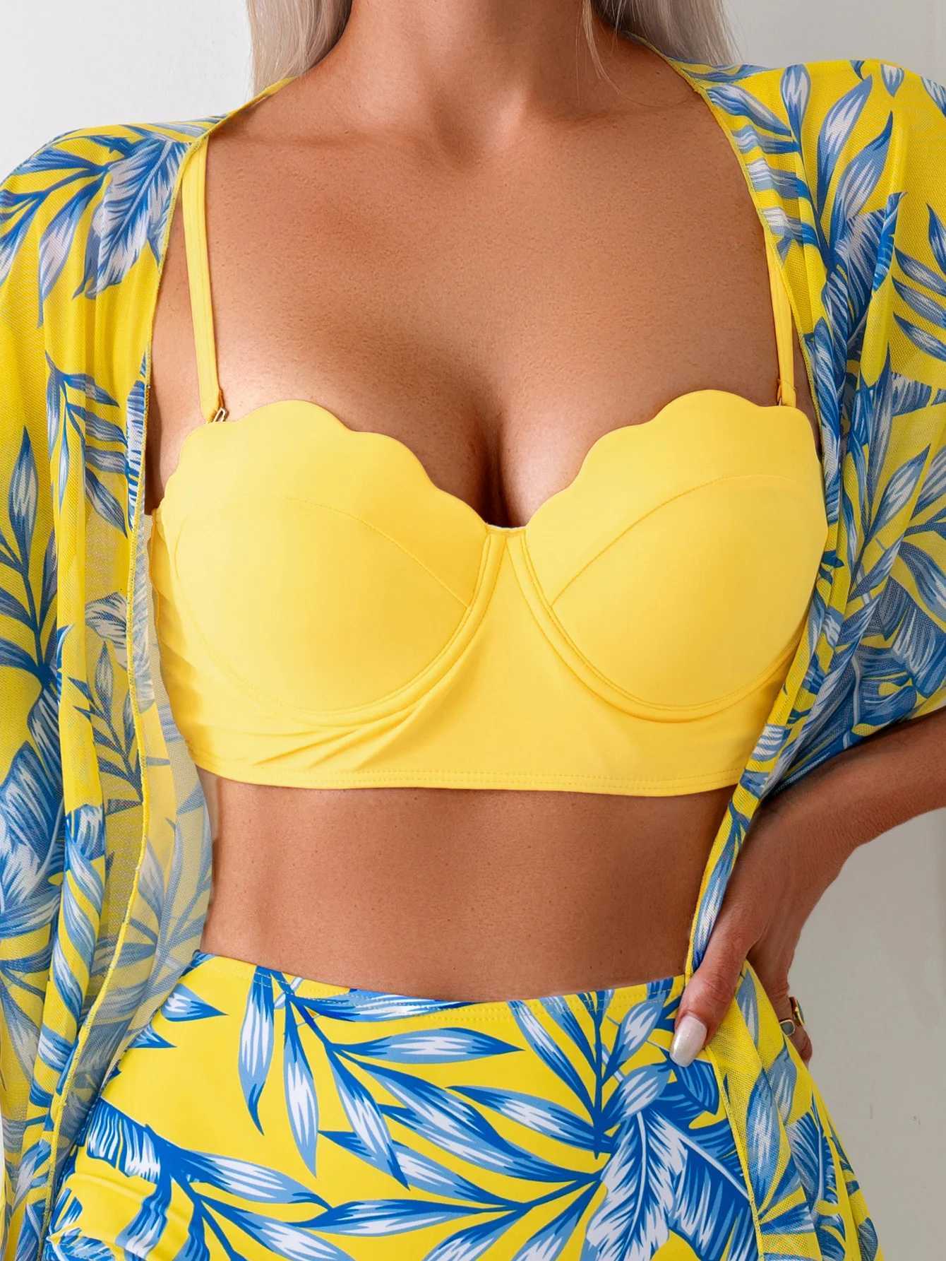 Floral Print Three Pieces Bikini Set Cover Up Women Swimsuit Print Long Sleeve Swimwear Biquini Bathing Suit 2025 SummerW251113