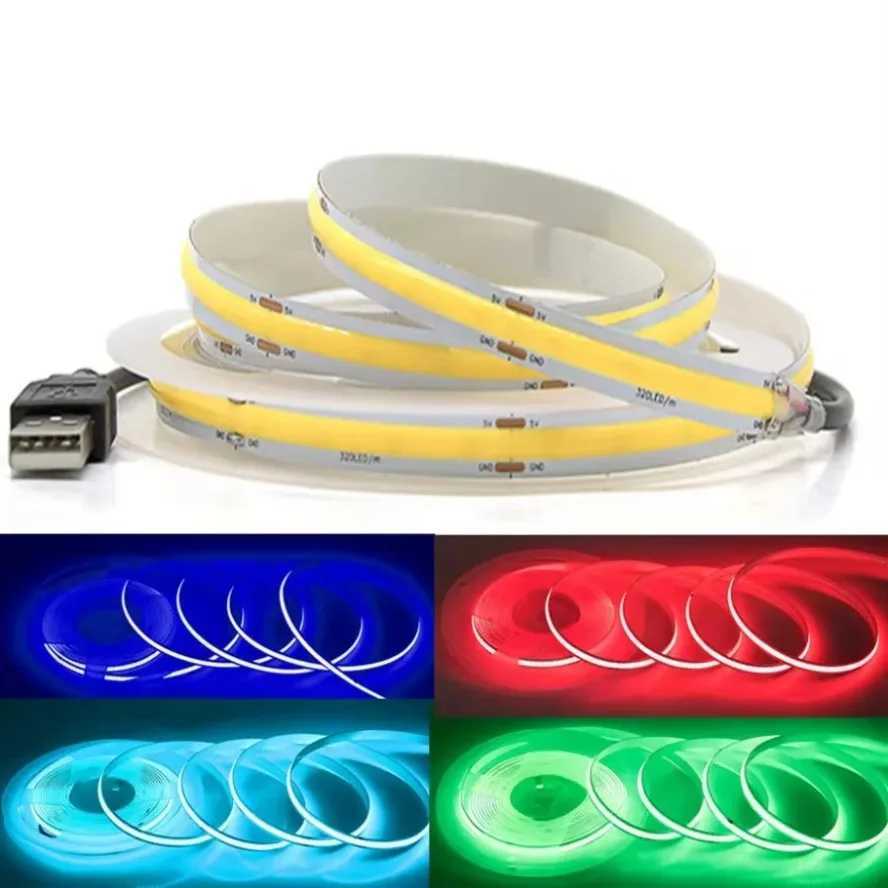 5V USB COB Lamp Strip 320LEDs/M White/Red/Pink/Ice Blue/Yellow Cabinet Light Lamp TV Backlight Flexible Ribbon Rope LED Strip W251112