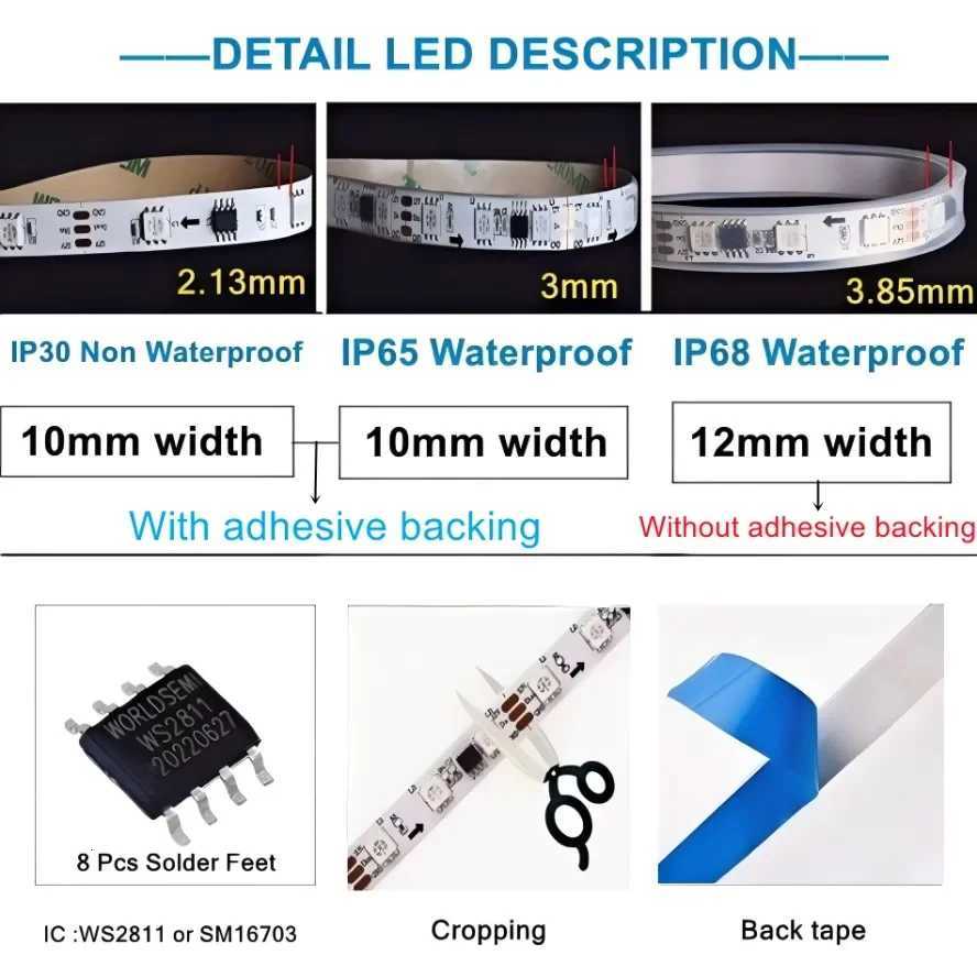 12V 24V WS2811 SM16703 5050 RGBIC Led Lights 5V RGB Led Strip Light IP68 Waterproof Smart Pixels Magic Light Black White PCB W251112
