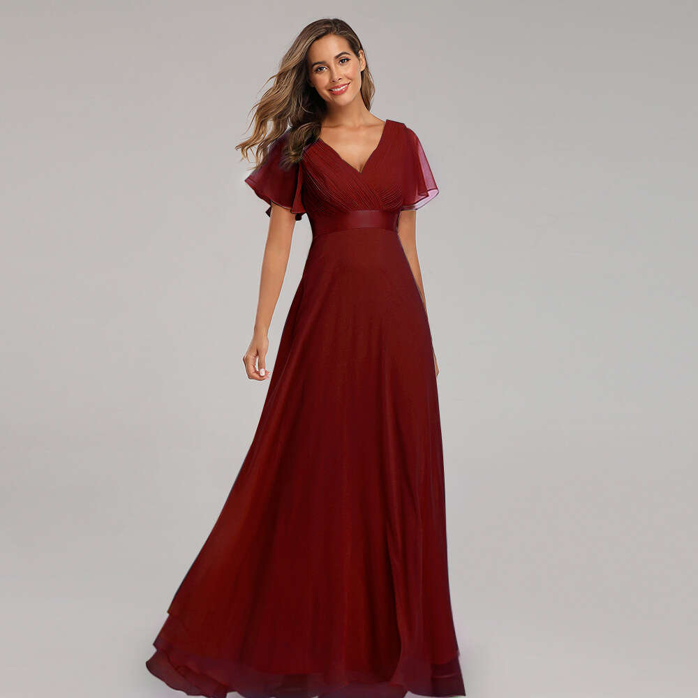 Designer 25 Spring/Summer Handmade Folding Big Swing Double V-Neck Trumpet Sleeve Elastic Chiffon Banquet Bridesmaid Large Evening Dress