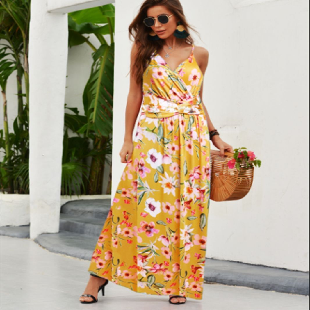 2025 Spring and Summer New Womens Fashion Strap Printed Beach Dress for Women