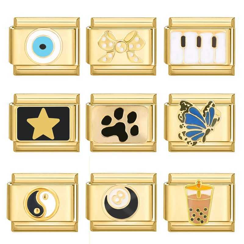 New Gold Color Devil Eyes Butterfly Star Bow Cat Cherry Italian Charm Links Stainless Steel Fit 9mm Bracelet Making DIY JewelryC250411
