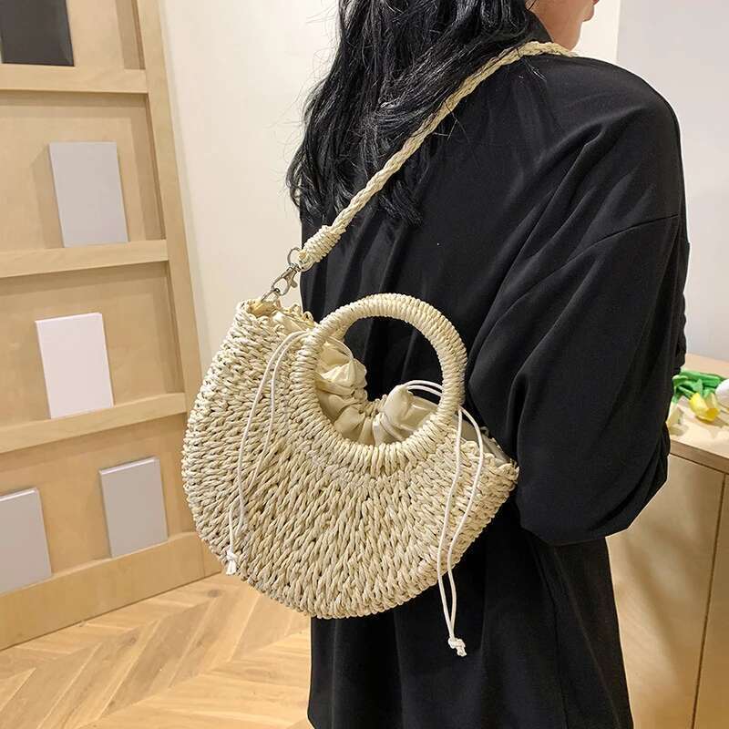 Handmade Beach Bag Women New Straw Handbags Woman Handmade Woven Basket Rattan For Femme Simple All-Match Handbag Kq1