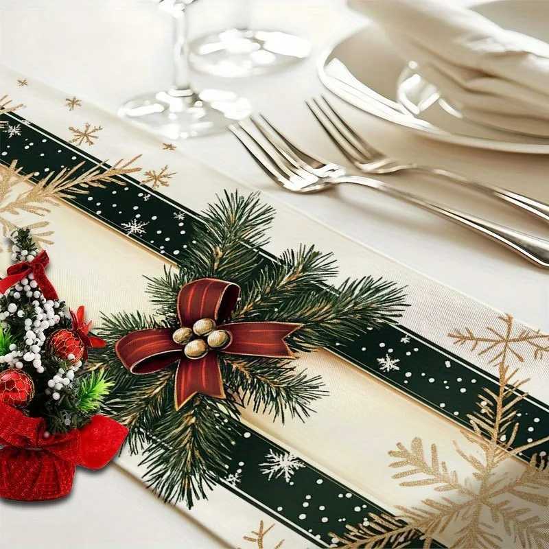 Christmas Christmas Wreath Green Pine Branches Red Bow Gold Decoration Themed Decoration Dining Table Flag Family Kitchen Restaurant Y251113