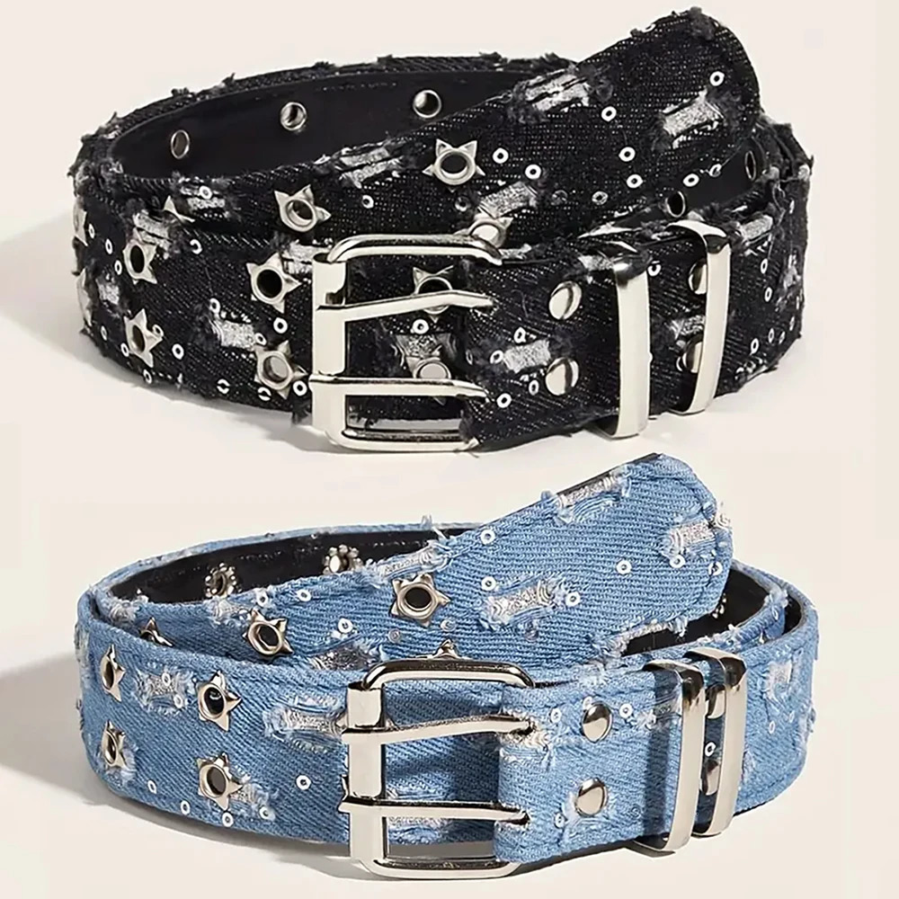 1PC Fashion Belt Black Punk Accessories Blue Denim Girdle HipHop Y2k Star Hollowed Pin Buckle WaistbandFor Men Women 251113