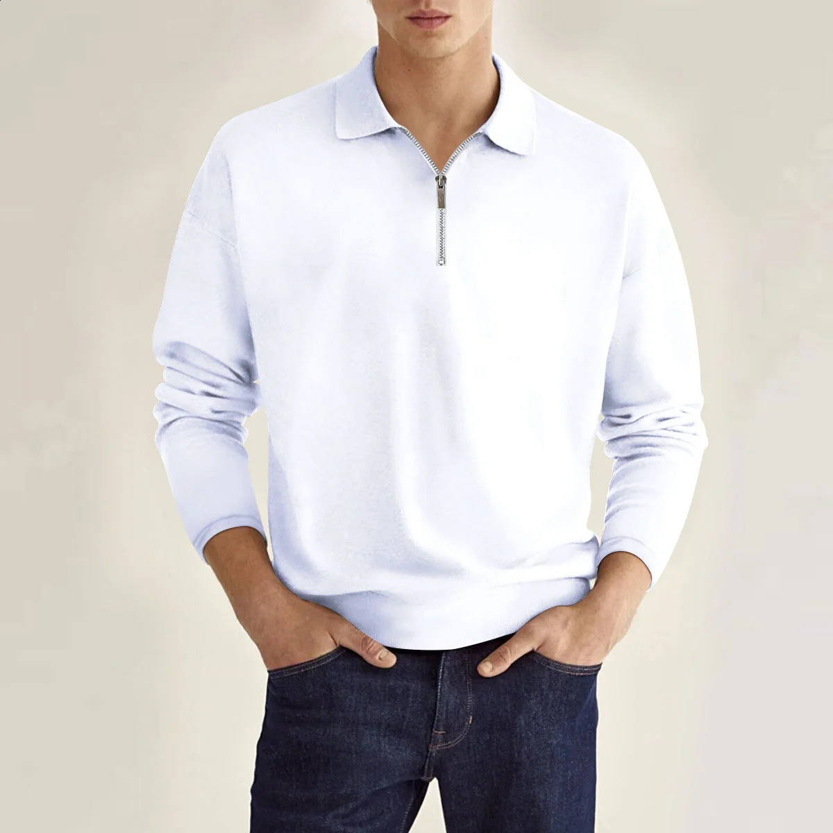 Spring and Autumn Classic Mens Daily Casual Preppy Style Solid Color Zipper Decorated Loose Lapel Long-Sleeved POLO Shirt 250409