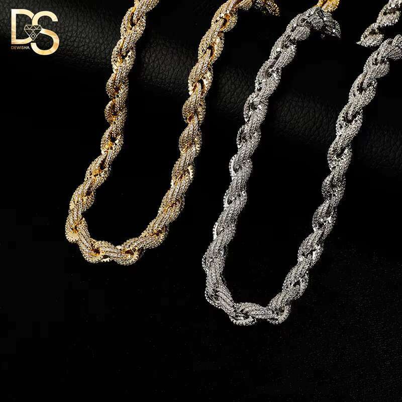 8mm Spring Buckle Full Zirconium Twisted Chain Hip Hop Bracelet Twist Rope Cuban Link Chain Necklace