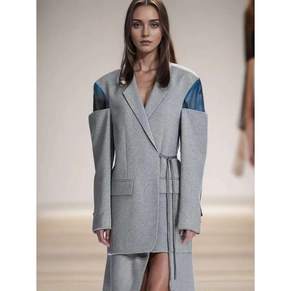 Patchwork Lace Up Casual Loose Blazers For Women Notched Collar Long Sleeve Spliced Pockets Minimalist Blazer Female Style