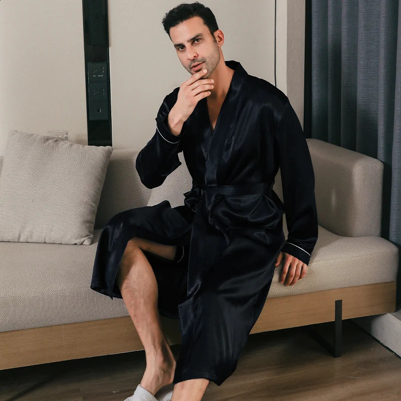 Pajama mens spring and autumn silk thin style oversized pajamas long sleeved bathrobes ice silk bathrobes home clothing summer 250409