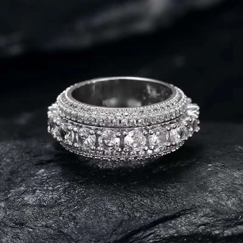 OEM ODM Service Rapper Jewelry Gold Plated Brass Rotatable CZ Gemstone Cluster Hip Hop Ring for Men