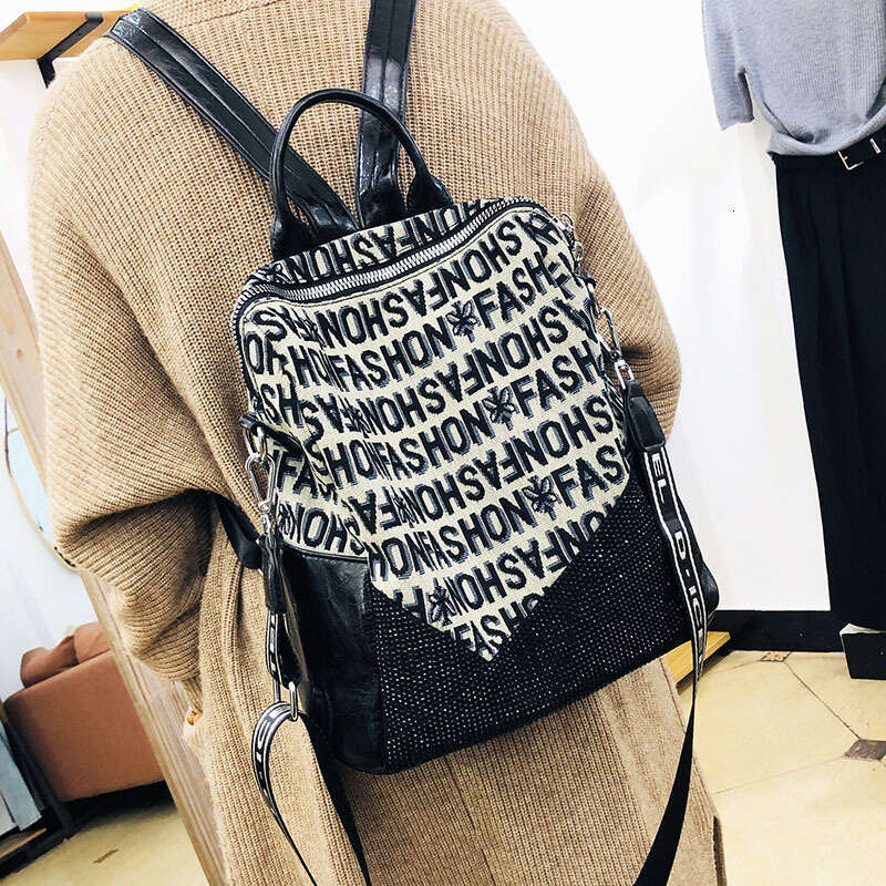 Backpack 17-43 Kuerduo Canvas Backpack for Women Alphabet Embroidered Hot Diamond Commuter Backpack, Niche Travel Bag