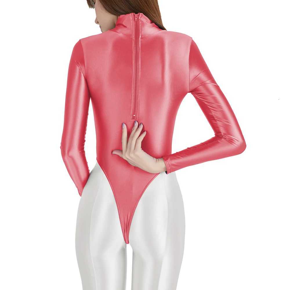 Womens Silky Shiny Spandex One-Piece Swimsuit Sexy Long-Sleeved Tights Back Zipped Leotard Glossy Swimwear for SummerW251113