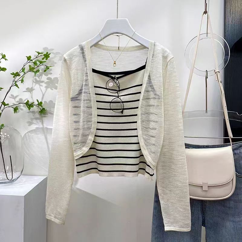 K382 Bamboo linen fabric French knitted cardigan jacket for women thin style with suspender skirt outer wear sun protection air conditioning shirt
