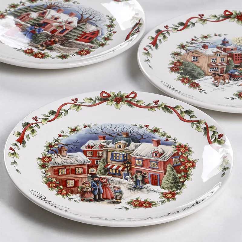 Christmas European Style Ceramic Flat Plate Creative Christmas Round 86 Inch Dining Plate Y251113