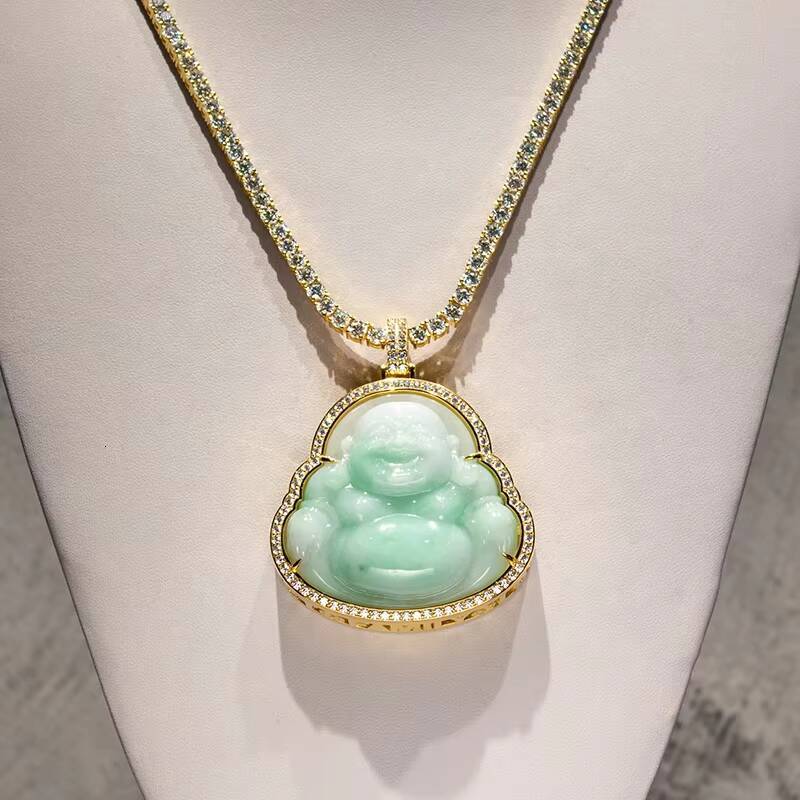 10K Solid Gold 925 Sterling Silver With Moissanite Diamond Hip Hop Natural Nephrite Jade Maitreya Buddha Pendant