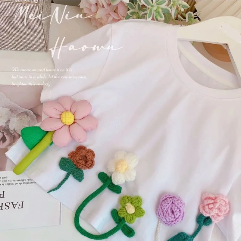 Childrens T-Shirts Three-dimensional Flower Decoration Short Sleeve Kids Clothes for 3 To 13 Years Girls Tshirts 250411bj