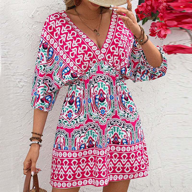 Womens Bohemian Style Dress 2025 Summer Vacation Style Half Sleeve Beach Dress