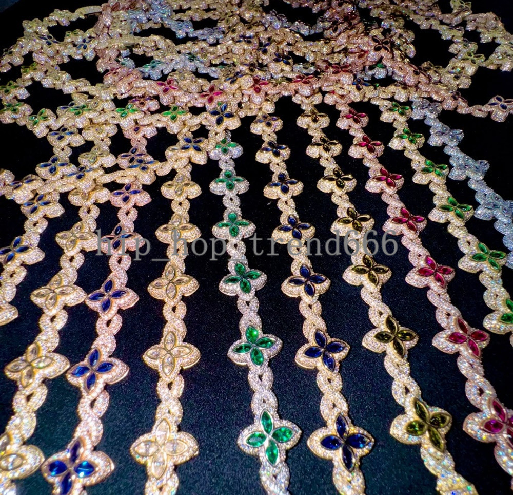 Hot Selling 15MM 925 Sterling Silver Cuban Clover Bracelets Iced Out Hip Hop Infinity Colored Moissanite Cuban Bracelet