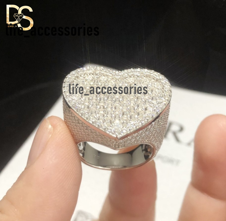 Custom Luxury Fashion Mens 925 Silver Moissanite Ring Heart Iced Out Diamond Rings