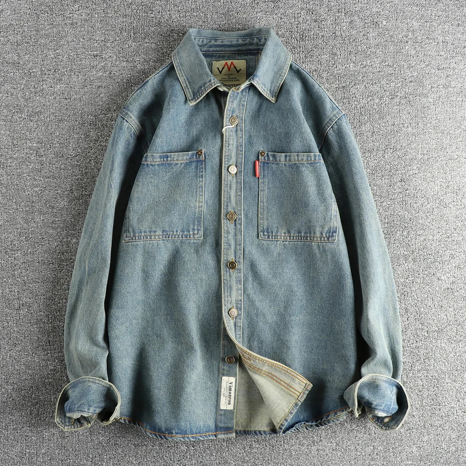 Mens Spring Retro Heavy duty Cowboy Freight Shirt with Double Pockets 100 Cotton Laundry Casual Thin Jacket Simple American Style 250411