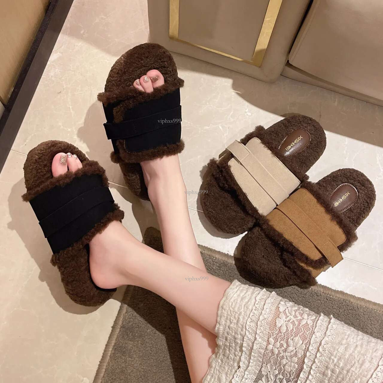 Korean Version Of Female Autumn And Winter Wear Wool Slippers 2025 Network Red New Designer Shoes Non-slip Thick Sole Wool Straight Cotton Outdoor Mop