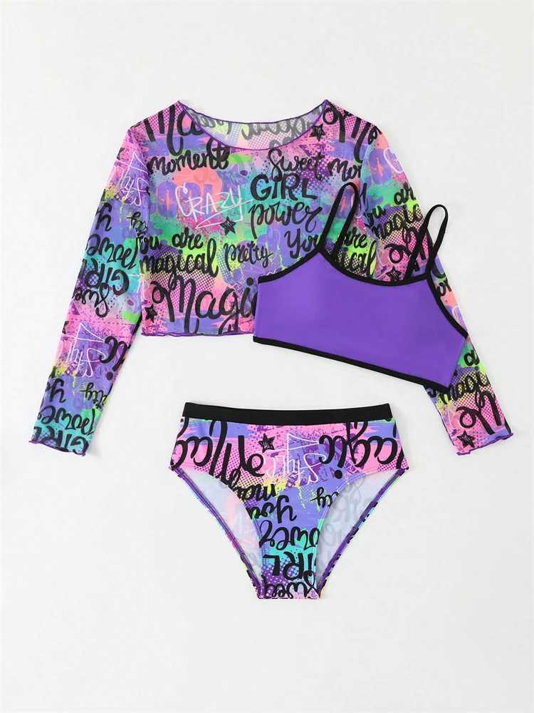 Bikini Kids Girls Swimsuit 2026 New Purple Letter Sling Mesh Long Sleeve Children Bikinis Set Swimwear Summer Beach Bathing SuitW251113