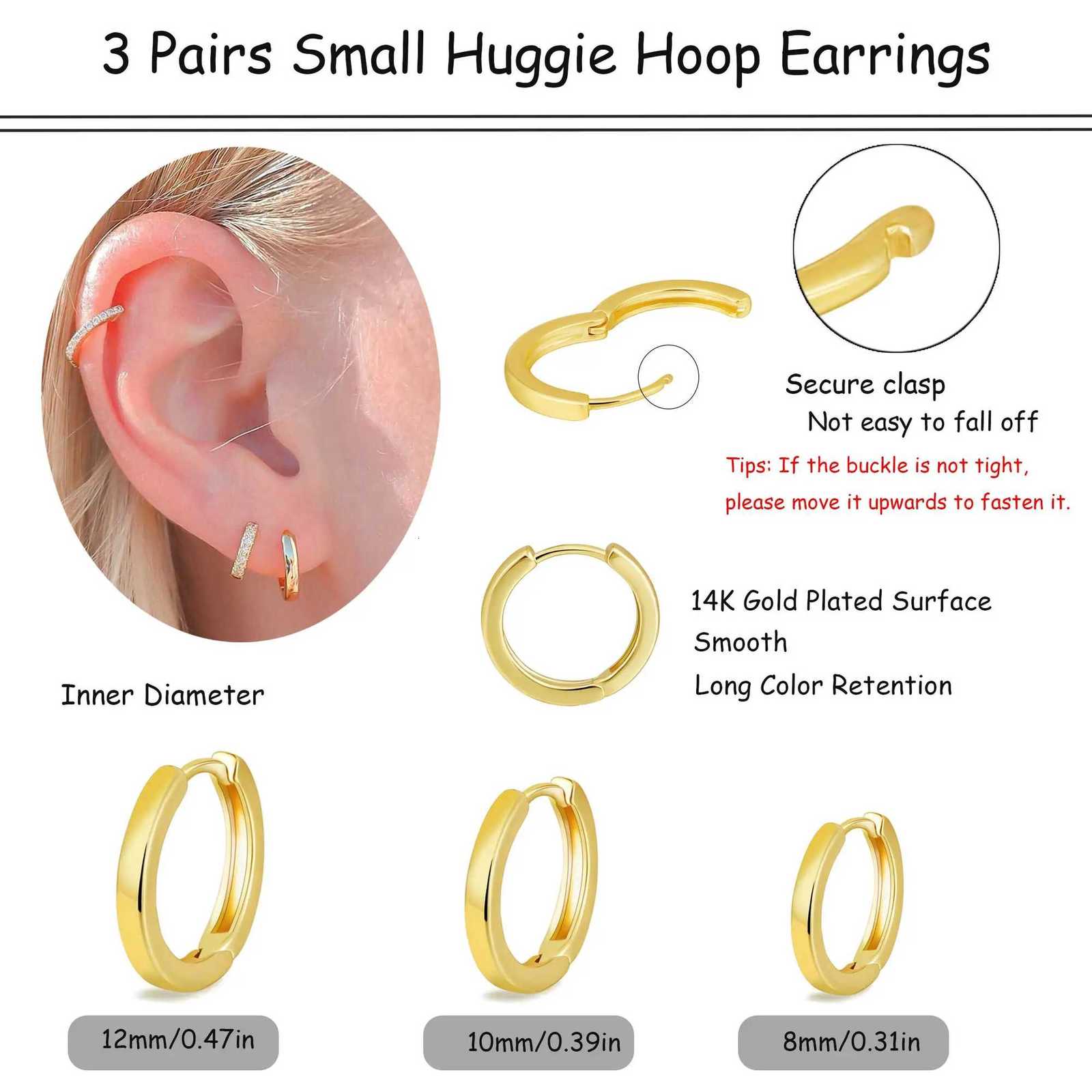 Shevalues Women 3 Pairs Small Earrings Lady Classic 14K Gold Hoop Fashion Tiny Huggie Hoop Earrings Set Hypoallergenic EarringXJ251113