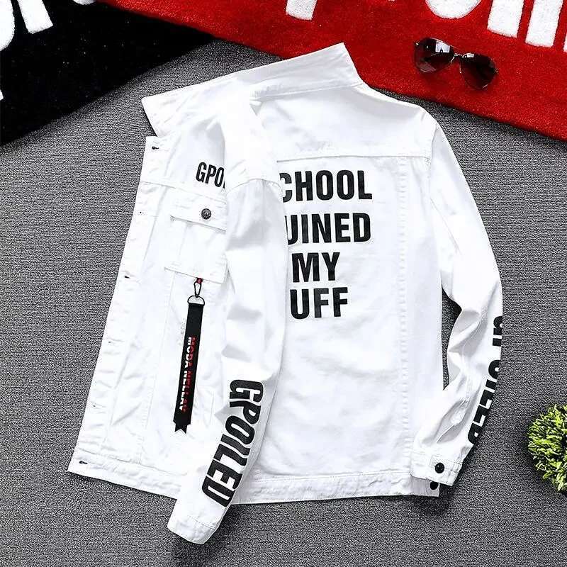 Male Jean Coats Button Punk Men's Denim Jacket Red Slim Fit With Print Worn Large Size Trendy Korean Style Designer Cowboy G L