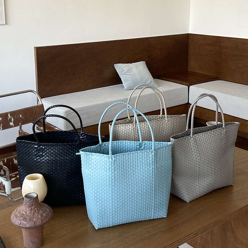 Summer straw vacation style shoulder tote bag, PVC vegetable basket, hand woven bag