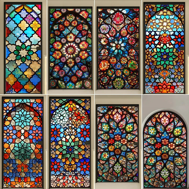 European style retro church stained glass film frosted privacy window film home decoration self-adhesive glass sticker 250411