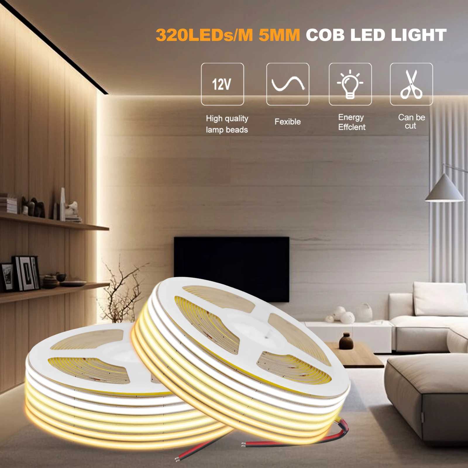 3MM 5MM 8MM Width COB LED Strip 5V 12V 24V 320LEDs Flexible LED Tape Ribbon with Adhesive High Density Linear Lighting W251112