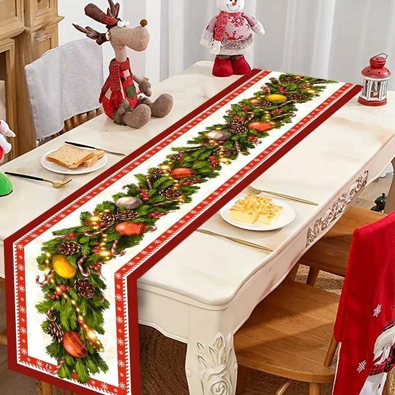 Christmas 1pc Classic Christmas Table Runner with Pine Needles and Ornaments Festive Holiday Dining Decor for Christmas Table Setting Y251113