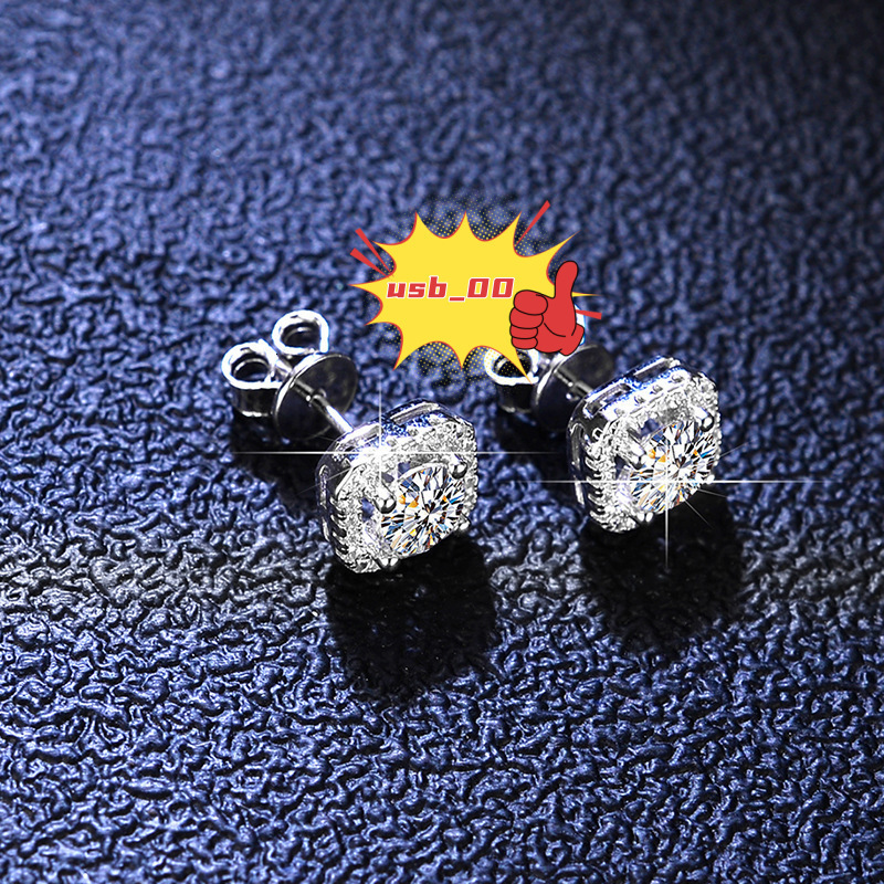 Moissanite Iced Out Hip Hop Sterling Silver 925 White Gold Plated Screw Back Square Diamond Stud Earrings
