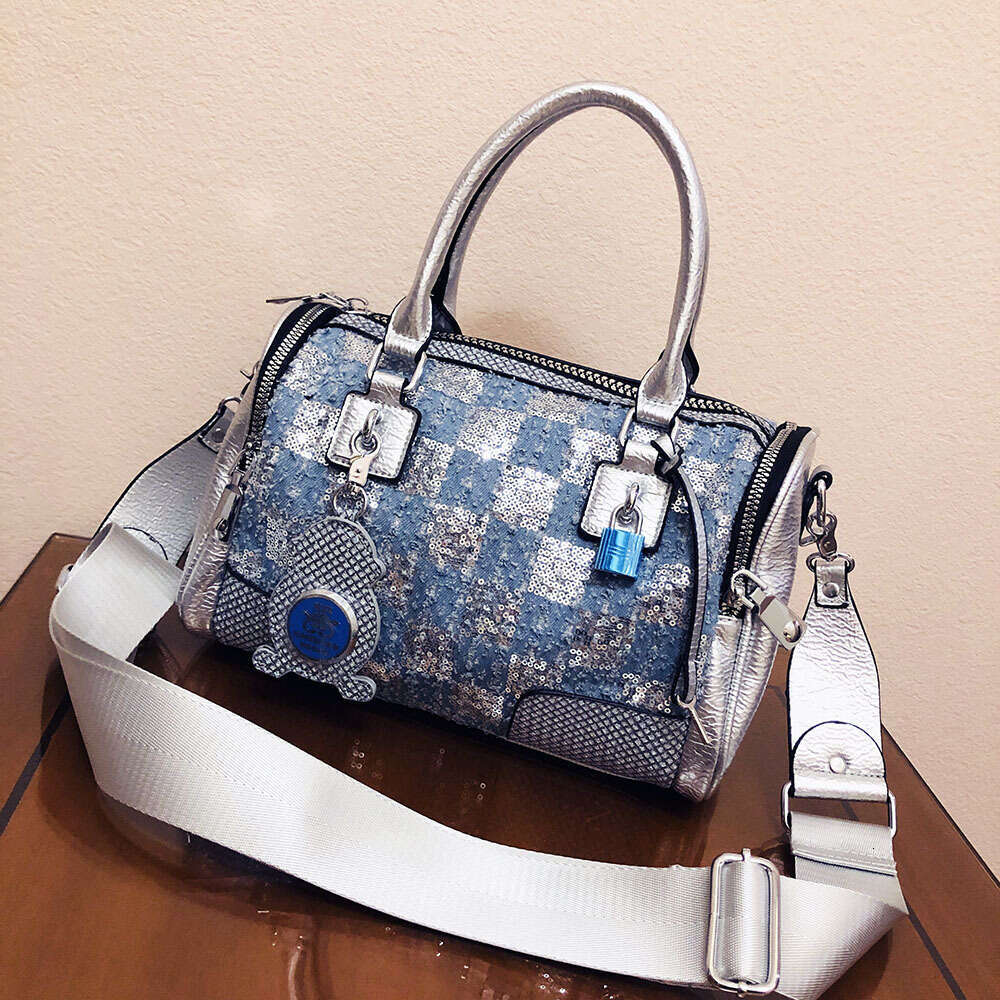 Backpack checkered denim handbag trendy new fashion sequin large capacity pillow bag for women
