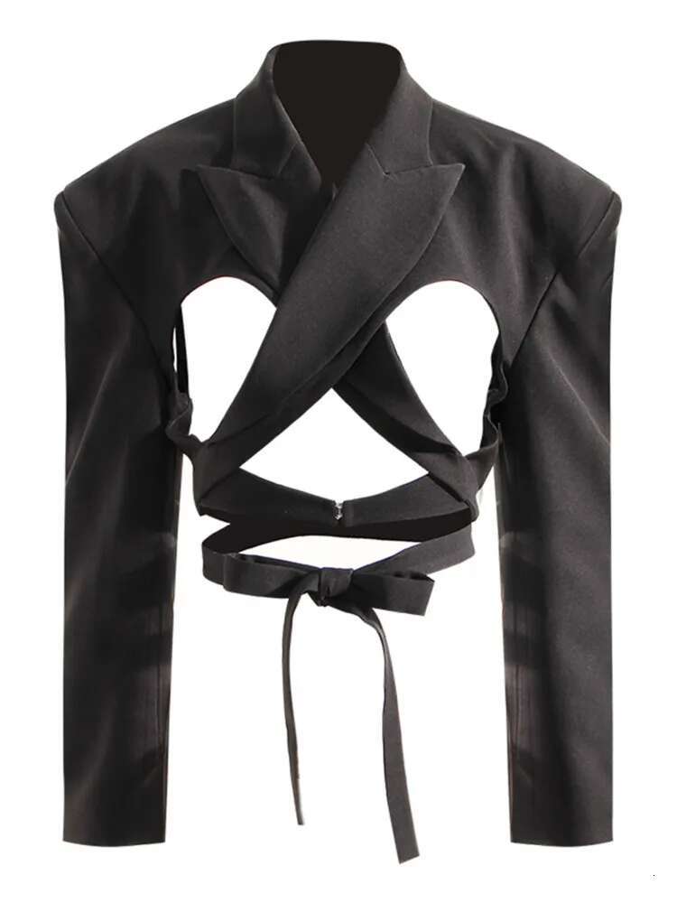 Fashion Women's Blazer Notched Coloar Slim Cut-Out Backless Bandage Waist Long Sleeve Suit Jacets Summer