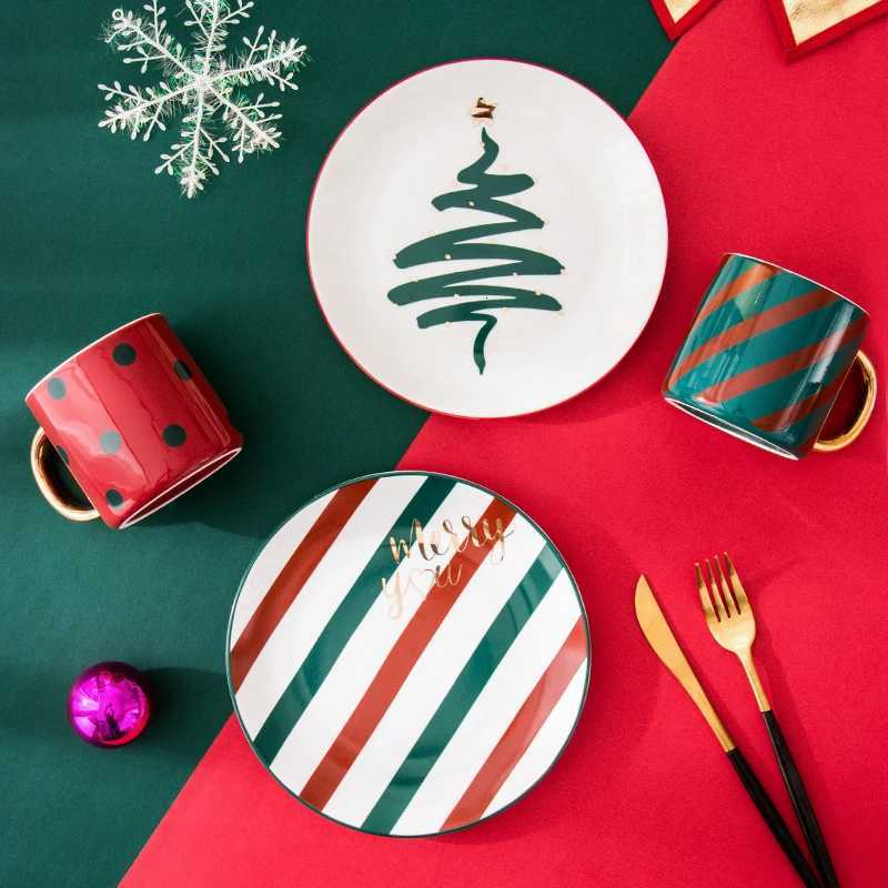 Christmas 1pc Merry Christmas Ceramic Dinner Dish Plate Set Mug Dessert Cake Pastry Fruit Serving Plate Decorative Tableware Y251113