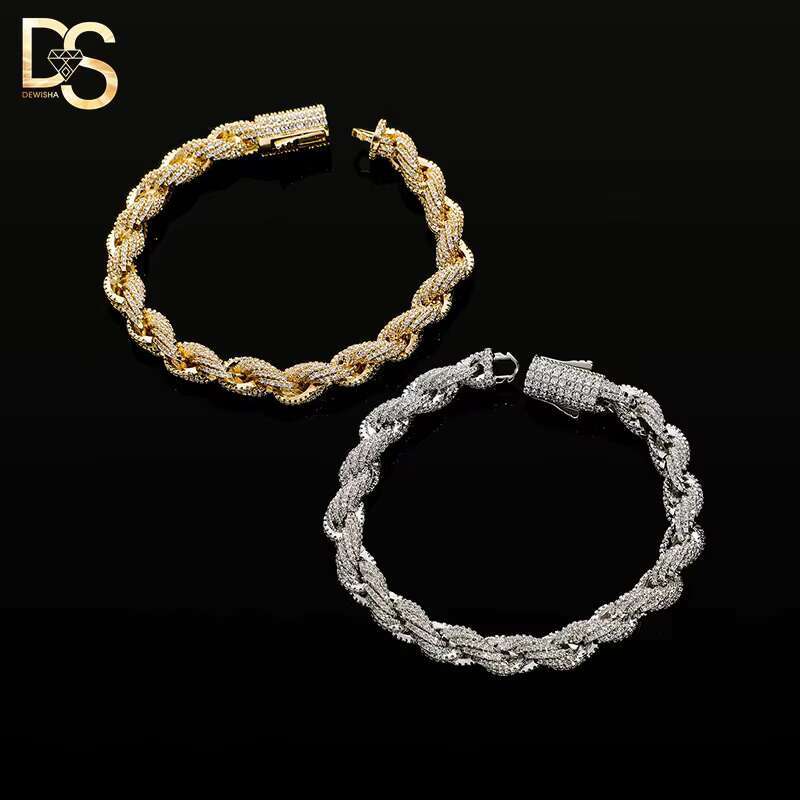 8mm Spring Buckle Full Zirconium Twisted Chain Hip Hop Bracelet Twist Rope Cuban Link Chain Necklace